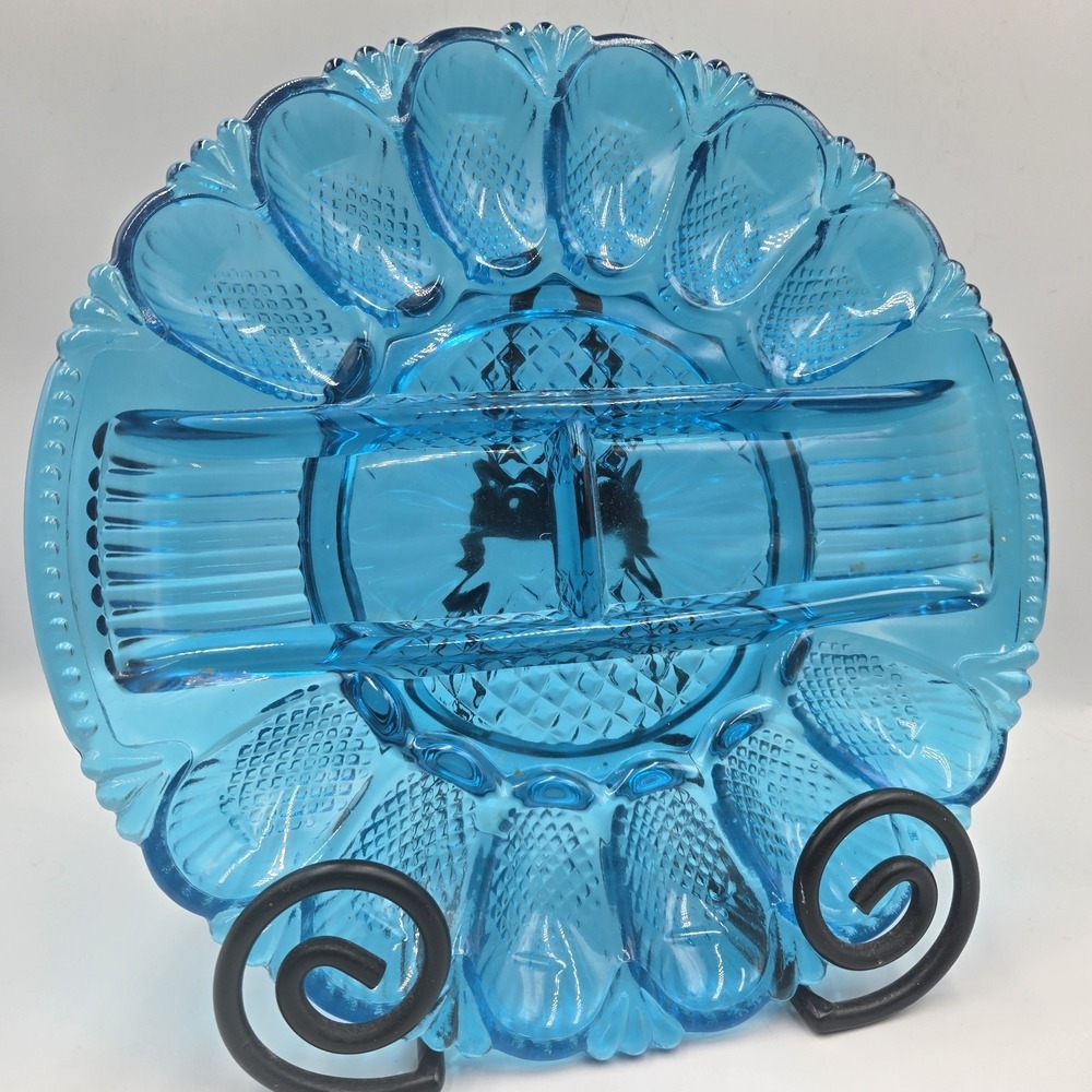 UV+ L.E. Smith Aqua Blue Heritage Deviled Eggs & Relish Platter 11" VTG CottageC